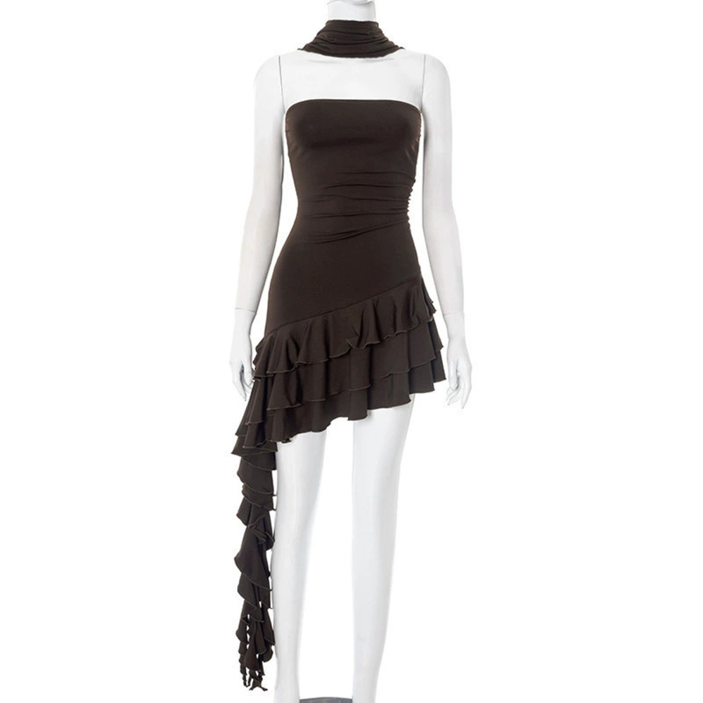 Zara Solid Color Off Shoulder Strapless Asymmetric Hem Ruffled Sash Dress